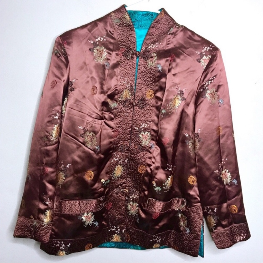 Shanghai Peony Brown Teal Blue Floral Silky Long Sleeve Jacket Sz L